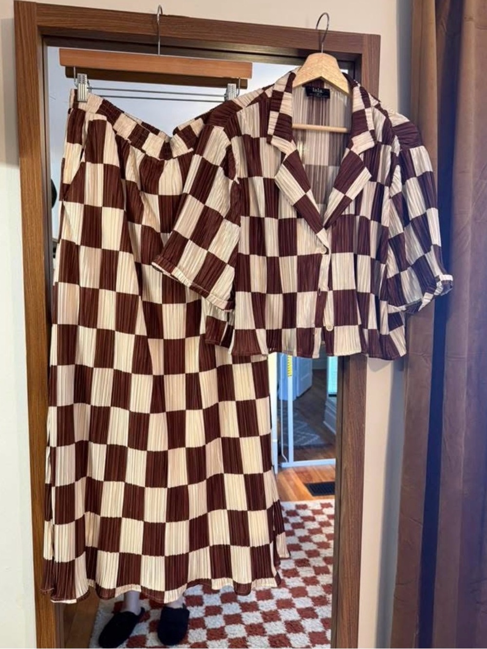 Dressed in LALA Brown and Cream Checkerboard Maxi Skirt Set
